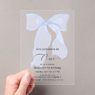 Girls Just Wanna Be One Blue Bow 1st Birthday  Acrylic Invitations