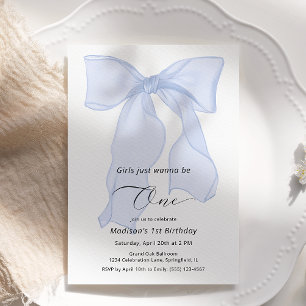 Girls Just Wanna Be One Blue Bow 1st Birthday  Invitation