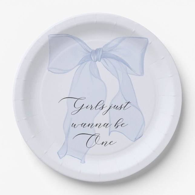 Girls Just Wanna be One Blue Bow Paper Plate (Front)