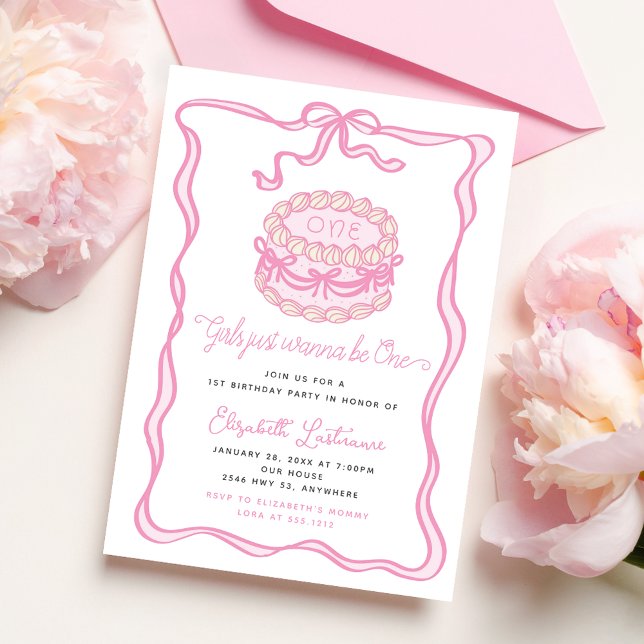 Girls Just Wanna Be One Pink Bow 1st Birthday Invitation (Girls Just Wanna Be One Pink Bow 1st Birthday Invitation)
