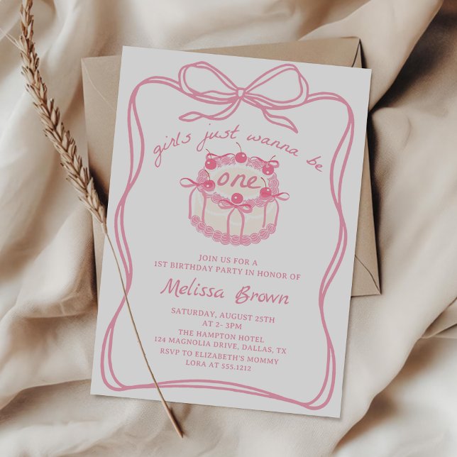 Girls Just Wanna Be One Pink Bow 1st Birthday Invitation (Creator Uploaded)