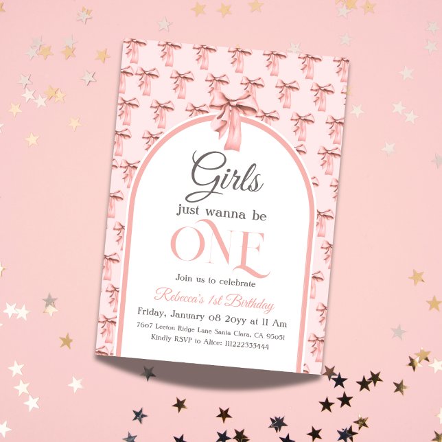 Girls Just Wanna be ONE Pink Bow First Birthday Invitation (Creator Uploaded)