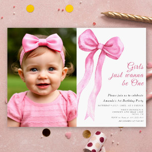 Girls Just Wanna Be One Pink Bow First Birthday Invitation