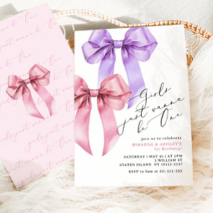 Girls just wanna be One Pink Bow Twin Girls Invitation