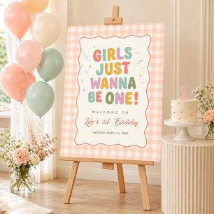 Girls Just Wanna Be One Pink Gingham 1st Birthday Poster