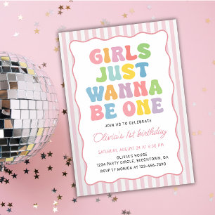 Girls Just Wanna Be One Stripes Colourful Birthday Invitation