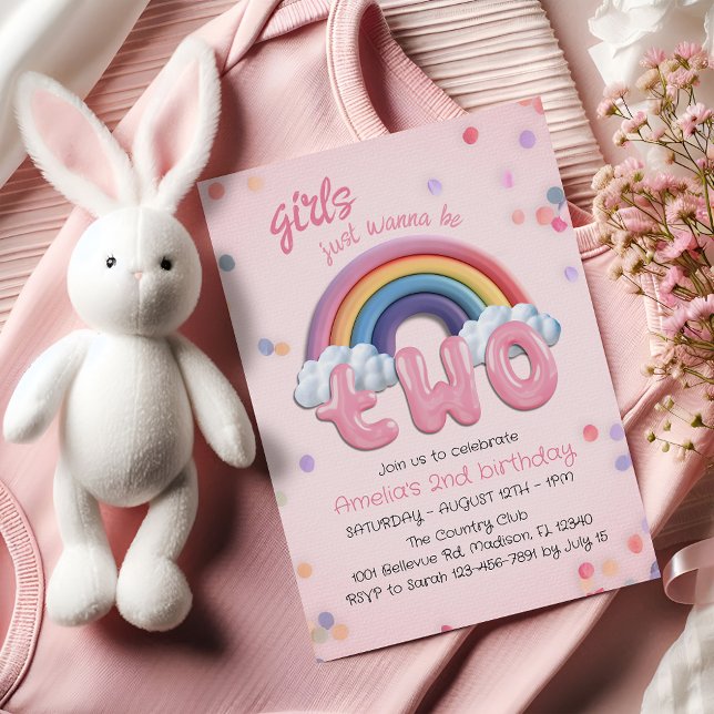 Girls Just Wanna Be Two Rainbow 2nd Birthday Invitation (Creator Uploaded)