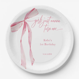 Girls Just Wanna Turn One Pink Bow 1st Birthday Paper Plate