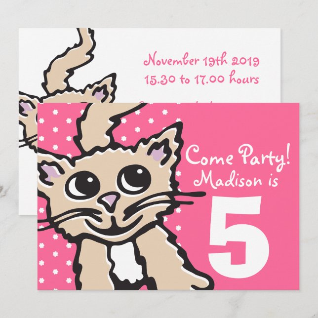 Girls kitten cat party pink invitation (Front/Back)