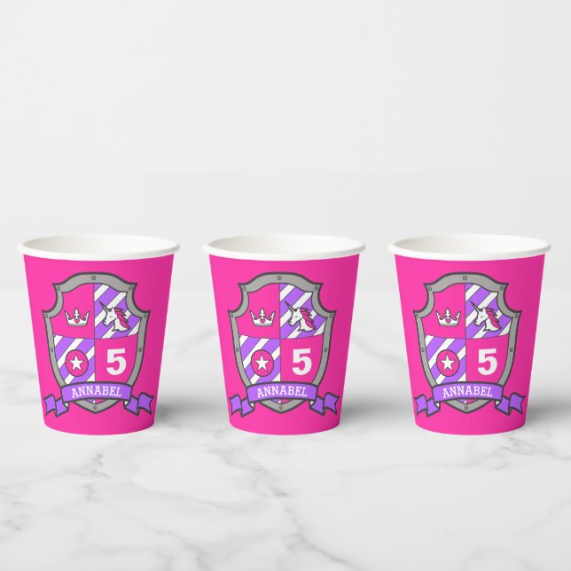 Girls knights birthday personalized pink kid party paper cups (Multi)