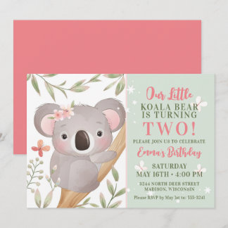 Girls Koala Birthday Party Invitation