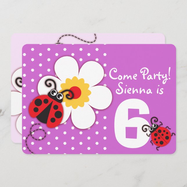 Girls ladybug party purple invitation (Front/Back)