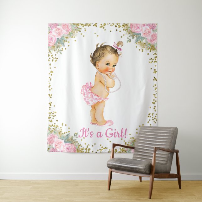 Girls Large Baby Shower Backdrop Tapestry (In Situ)