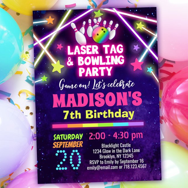 Girls Laser Tag Bowling Party Birthday Invitation (Creator Uploaded)