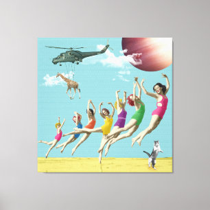Girls Leaping Beach Retro Collage Canvas Print
