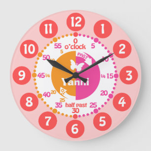 Girls learn time pink red orange name clock