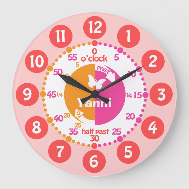 Girls learn time pink red orange name clock (Front)