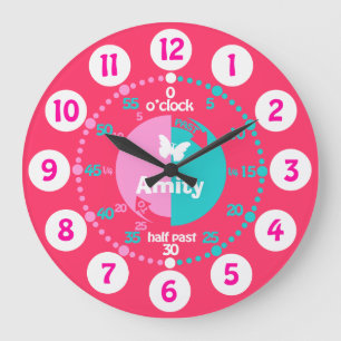 Girls learn to tell time pink aqua name clock