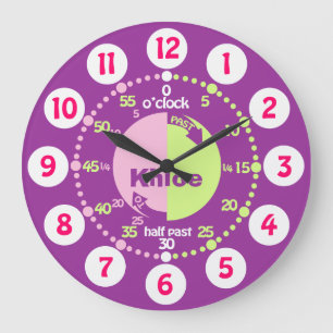 Girls learn to tell time purple pink name clock
