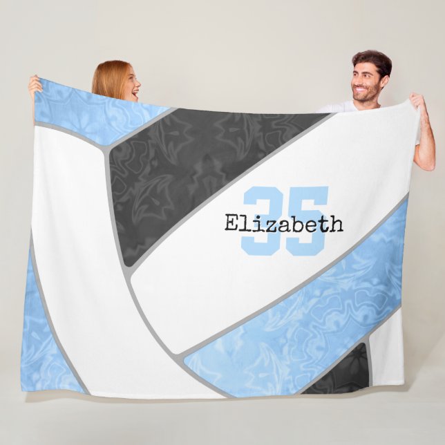 girls light blue black volleyball custom name fleece blanket (In Situ)