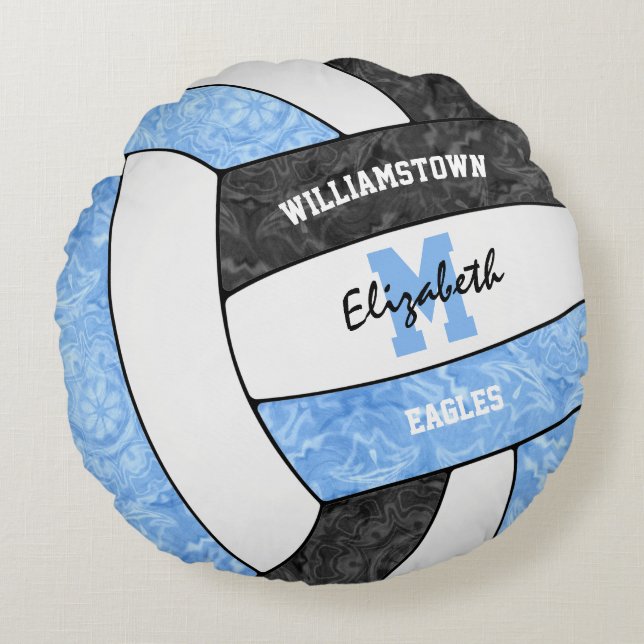 girls light blue black volleyball team colours round pillow (Front)