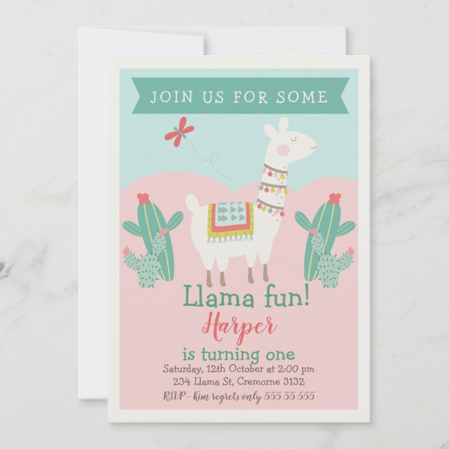 Girls Llama Cactus Birthday Invitation (Front)
