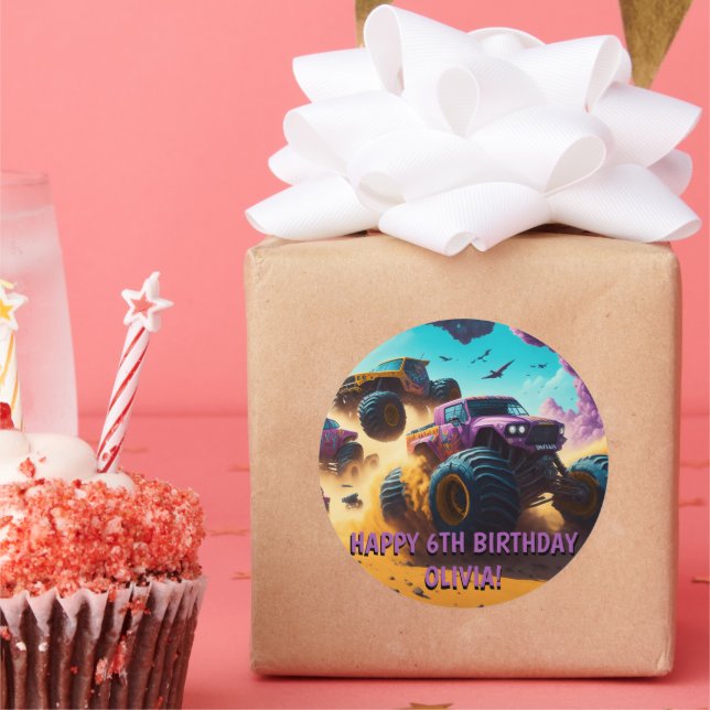 Girls Love Monster Trucks Too Birthday Party  Classic Round Sticker (Party)