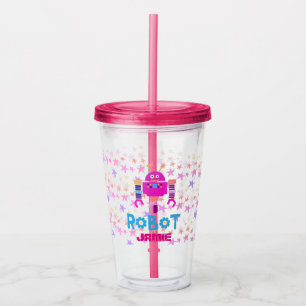 Girls Love Robots Pink Stars Cartoon Drinking Acrylic Tumbler