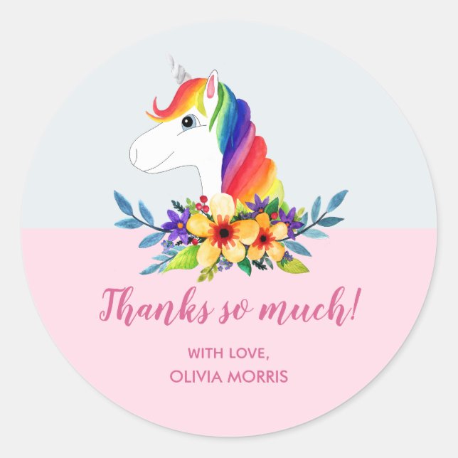 Girls Magical Rainbow Unicorn Flowers Baby Shower Classic Round Sticker (Front)