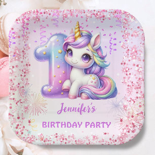 Girls Magical Unicorn 1st Birthday Party Paper Plate