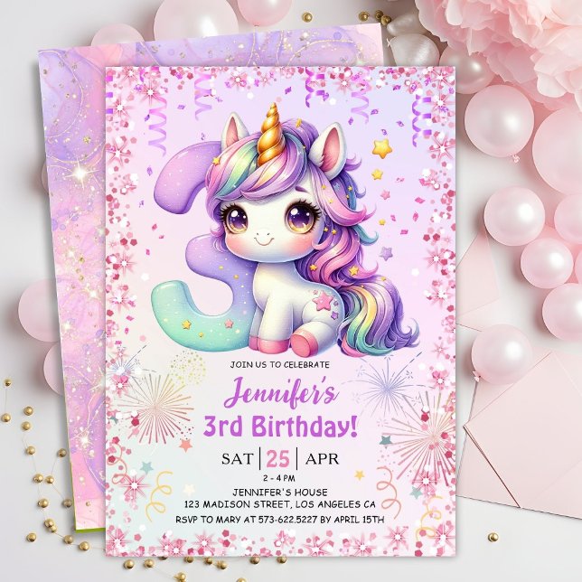Girls Magical Unicorn 3rd Birthday Party Invitation (Creator Uploaded)