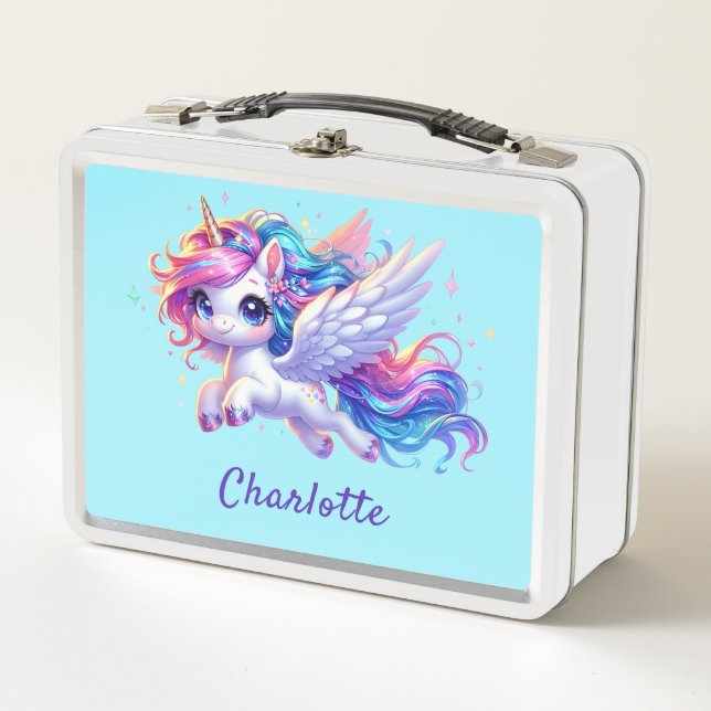 Girls Magical Unicorn Rainbow Kids Personalized  Metal Lunch Box (Front)