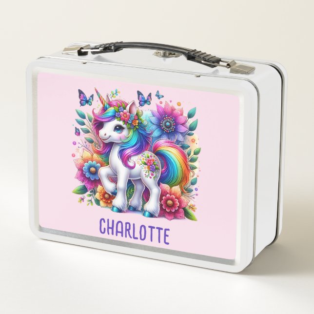 Girls Magical Unicorn Rainbow Kids Personalized  Metal Lunch Box (Back)