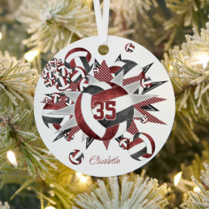 girls maroon black volleyballs stars keepsake metal ornament