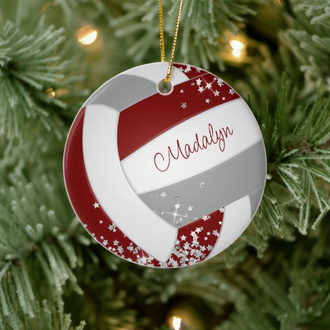 girls maroon grey volleyball w tiny silver stars ceramic ornament (Tree)