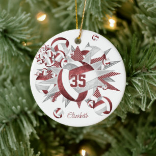 girls maroon grey volleyballs stars keepsake ceramic ornament