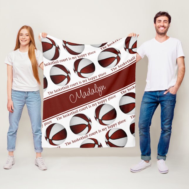 girls maroon white basketball court my happy place fleece blanket (In Situ)