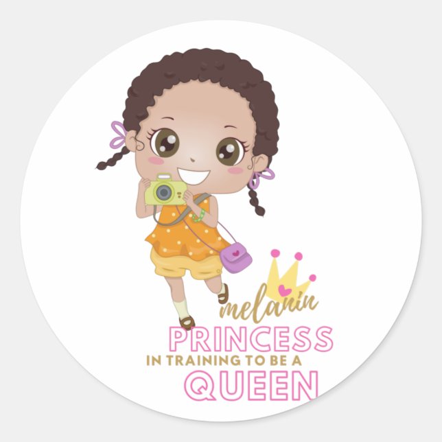 Girls MELANIN Princess In Training To Be Queen Classic Round Sticker (Front)