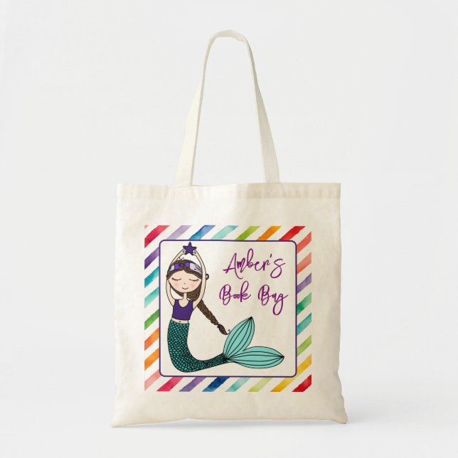 girls Mermaid personalised school book Tote Bag (Front)