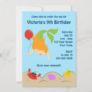 Girls Mermaid Pool Birthday Party Invitation