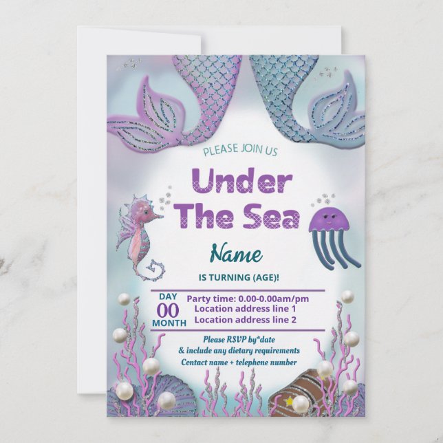 Girls mermaid under the sea birthday  invitation (Front)