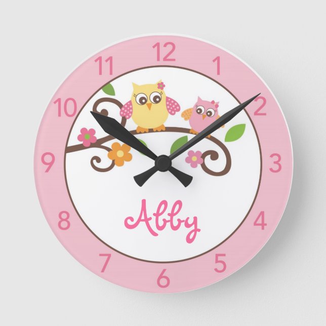 Girls Mod Owl Personalized Nursery Wall Clock (Front)