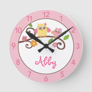 Girls Mod Owl Personalized Nursery Wall Clock