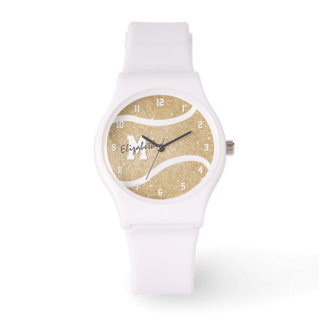 girls monogrammed gold tennis player watch (Front)