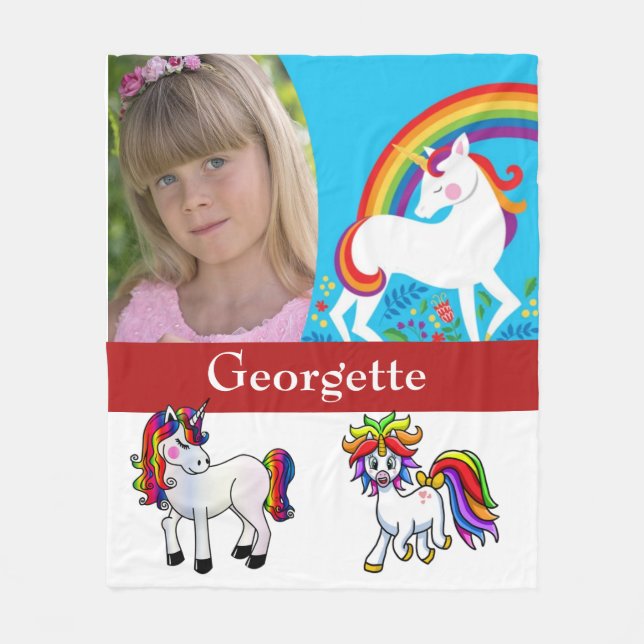 Girl's Monogrammed Photo Unicorn Fleece Blanket (Front)