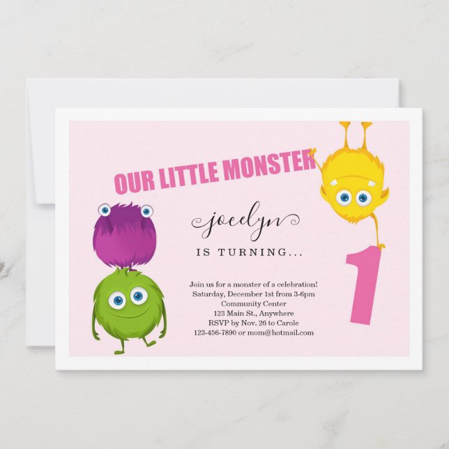 Girl's Monster First 1st Birthday Party Invitation (Front)