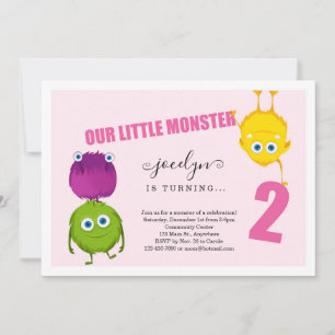Girl's Monster First 2nd Birthday Party Invitation