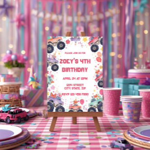 Girls Monster Truck Birthday Invitation Pink