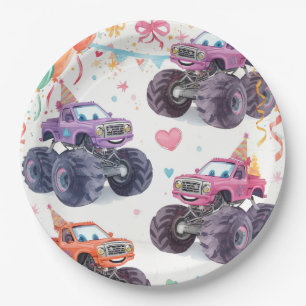 Girls Monster Truck Birthday Paper Plates Pink
