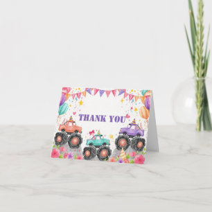 Girls Monster Truck Thank You Card Pink Watercolor